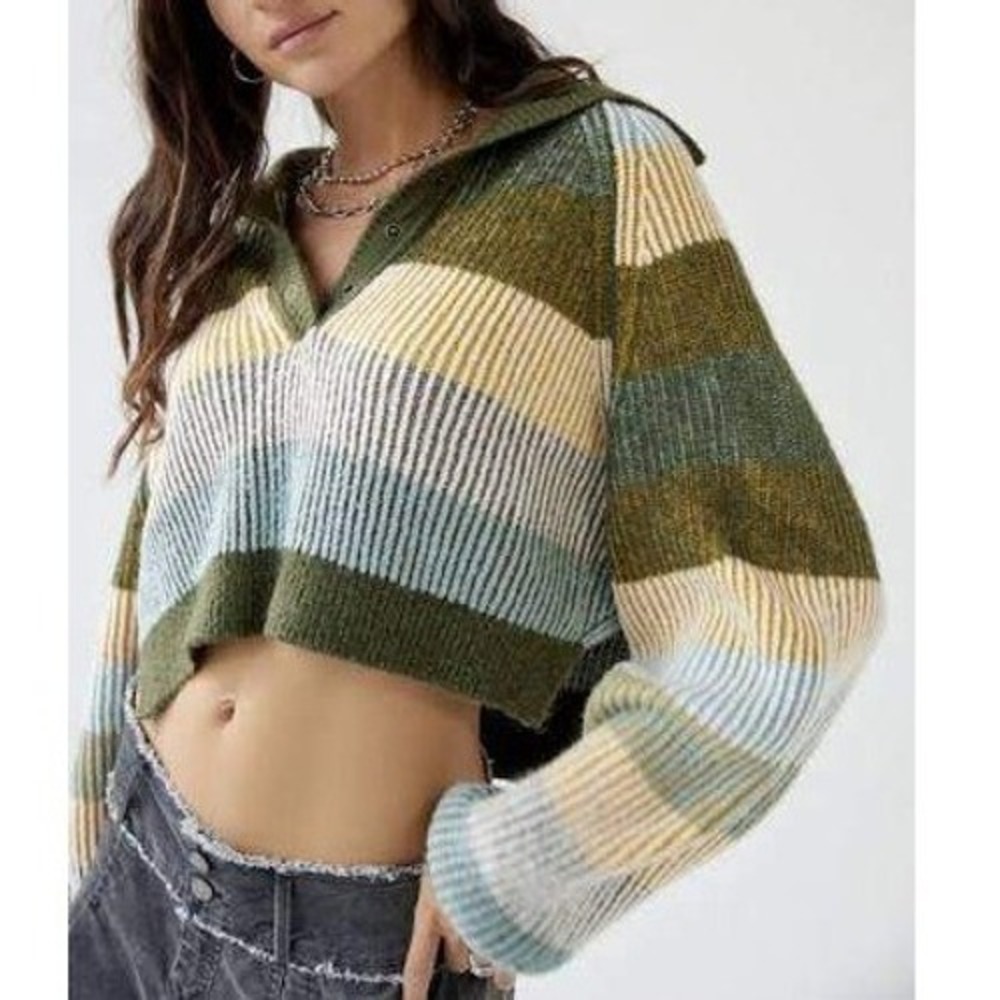 BDG Striped Crop Sweater S Green Yellow Lexi Henley Knit Indie Grunge Gorpcore